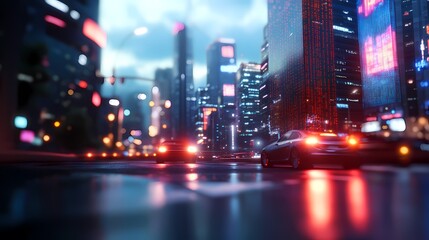 Obraz premium Cyberpunk city street at night with cars.