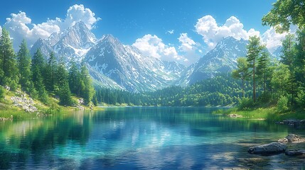 Fototapeta premium A serene mountain landscape with a crystal-clear lake, evergreen trees lining the shore, and towering peaks reflecting in the water under a bright blue sky 