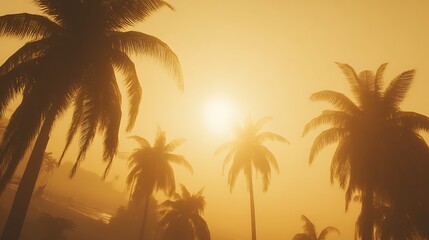 Golden Sunset Silhouette Palm Trees Tropical Beach Scene