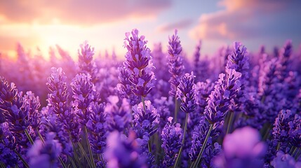Fototapeta premium A sprawling field of lavender in full bloom, stretching as far as the eye can see, with a soft purple hue under a bright blue sky 