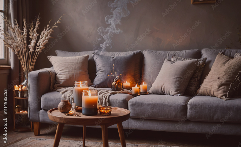 Poster couch with pillows and a table with candles. the table has a vase with candles on it