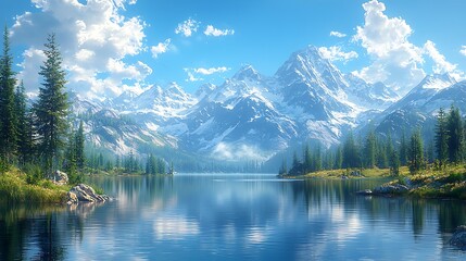 Obraz premium A stunning mountain landscape with a crystal-clear lake, evergreen trees lining the shore, and snow-capped peaks reflected in the water under a bright blue sky 