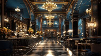 Fototapeta premium A grand, luxurious bar with a checkered floor, gold accents, and chandeliers.