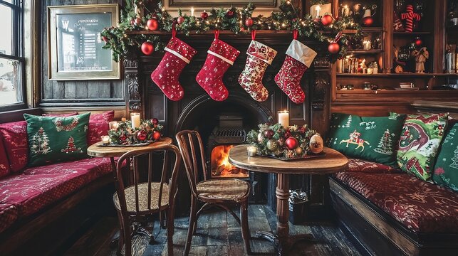 Cozy holiday themed decor featuring plush cushions hanging a festive tabletop centerpiece with candles and ornaments creates a warm inviting ambiance in this charming cafe corner with a fireplace