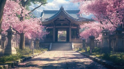 Fototapeta premium A traditional Japanese temple with a pathway lined with cherry blossom trees.