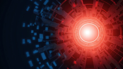 A vibrant digital graphic featuring a central glowing orb surrounded by red and blue geometric patterns, evoking a sense of energy and motion.