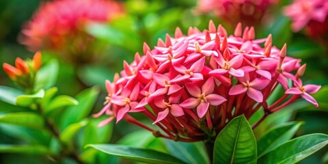 Fototapeta premium Closeup of a pink ixora flower with selective focus, pink, ixora, flower, closeup, selective focus, garden, tropical, vibrant