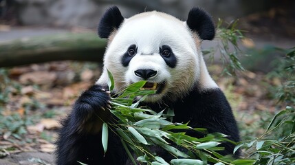 Fototapeta premium Giant panda eating bamboo leaves.