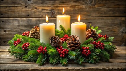Festive holiday wreath with four lit candles, pine cones, and berries, festive, holiday, wreath, candles, pine cones