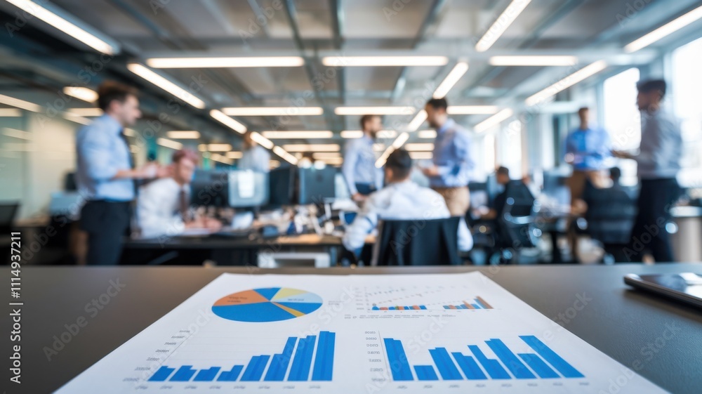 Poster office setting with charts and graphs, indicating data analysis and teamwork.