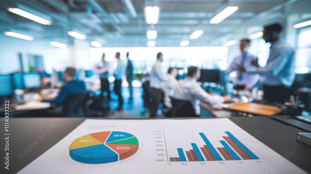 Poster office setting with a focus on business charts and collaborative discussions.