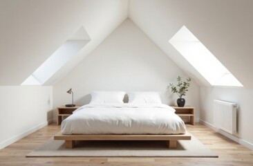 A minimalist loft bedroom with an emphasis on clean lines and functional design. The room has sloped ceilings, a simple bed frame and a light color scheme.