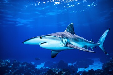 Obraz premium Graceful Blue Shark Swimming in Clear Ocean Waters