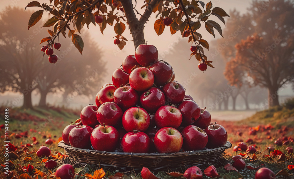 Poster Pile of apples is on a basket. The apples are red and are piled on top of each other
