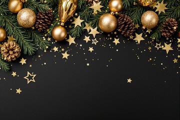 Fototapeta premium Elegant Christmas Decor with Golden Ornaments, Pine Cones, and Stars on Black Background