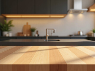 Wood table top on blur kitchen counter (room)background