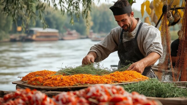 Hungarian Fisherman Cooking Halaszle by the Riverside with Tarragon and Paprika, Traditional Fishing Nets Scene