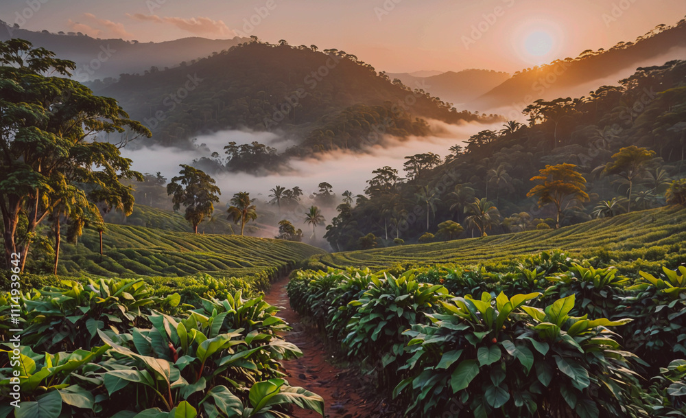 Aufkleber mountain range with a foggy mist in the background. the sun is setting in the distance