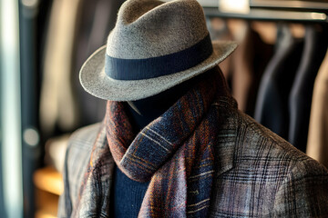 Fototapeta premium A chic mannequin in a classy outfit displays winter fashion accessories in a stylish shop