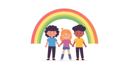 Fototapeta premium Three diverse children standing hand-in-hand under a colorful rainbow.