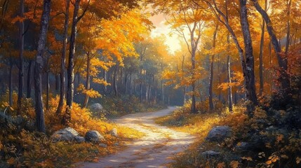 Obraz premium Autumn Forest Path with Sunlight Through Colorful Leaves in Anime Style