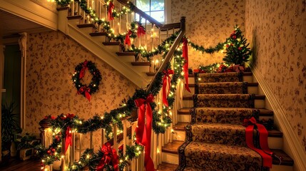 Fototapeta premium Beautifully Decorated Christmas Staircase in a Cozy Home Interior with Garlands Fairy Lights and Ribbons Winding Along the Banister Creating a Warm and Welcoming Atmosphere
