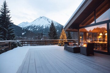 Naklejka premium Snowy mountain view from a cozy chalet deck with Christmas tree.
