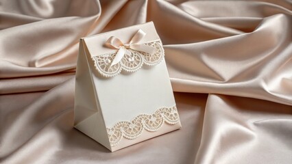 Elegant, ivory colored favor bag with delicate lace trim and a satin ribbon bow sits on a smooth, flowing satin fabric, creating a luxurious and sophisticated presentation