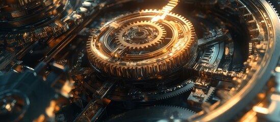 Fototapeta premium Close-up of intricate metallic gears showcasing detailed engineering and design.