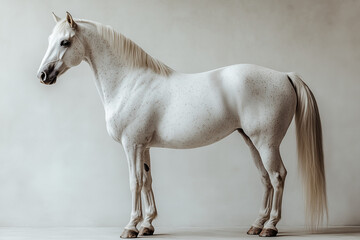 Obraz premium A graceful white horse standing elegantly, mane flowing slightly, centered on a clean white background with soft, natural shadows