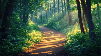 Obraz premium Forest Pathway in Golden Light with Vibrant Greens and Textured Leaves