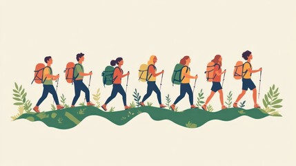 Fototapeta premium A group of seven hikers with backpacks and walking sticks, walking on a hill.
