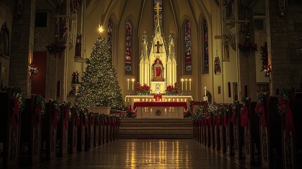 Elegant Christmas Scene in Decorated Church Interior with Towering Tree Glowing Candles and Delicate Garlands on the Pews