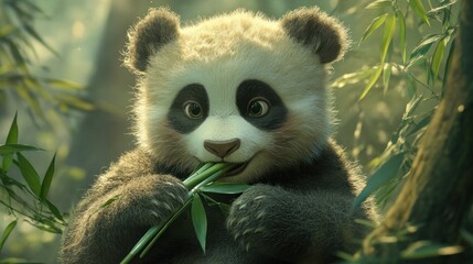 Fototapeta premium A cute panda cub with big eyes is eating bamboo in a lush green forest.