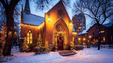 Enchantingly Lit Church Facade Adorned for Christmas with String Lights Festive Wreath and Snow Covered Ground