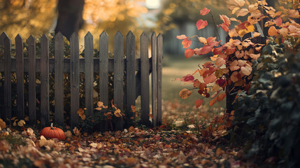 Colorful autumn leaves and a pumpkin near a wooden fence in a tranquil garden setting