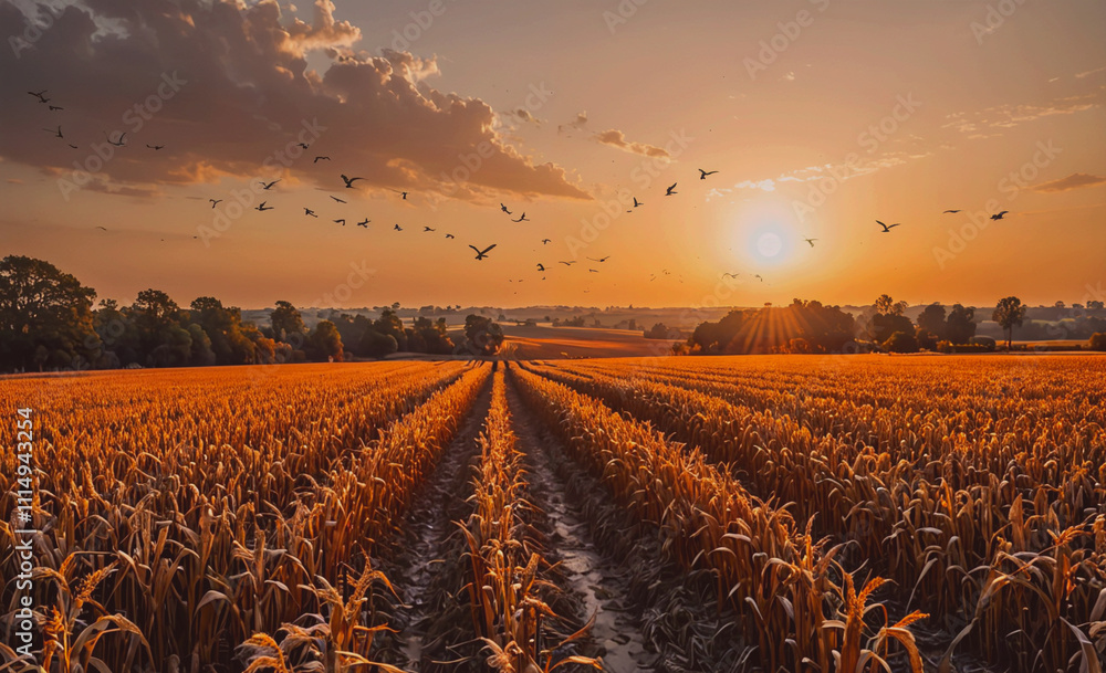 Poster Field of corn with birds flying in the sky. The sun is setting in the background. The birds are flying in different directions
