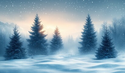 Fototapeta premium Beautiful Winter Forest Landscape with Snowfall and Snowdrifts in a Calm Scenic Setting