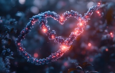 Surreal Heart and DNA Strand in Soft Blue and Pink Lights, Dynamic Composition, Hyper-Realistic Science Illustration