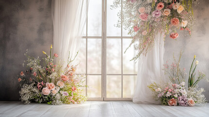 Elegant floral arrangement by window with soft natural light in serene indoor setting