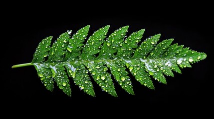 Naklejka premium A close-up of a green fern leaf with droplets of water against a black background.