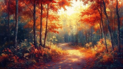Autumn Forest Pathway with Colorful Leaves and Sunlight in Beautiful Landscape