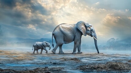 Obraz premium A serene scene of an adult elephant and a calf walking together in a misty landscape.