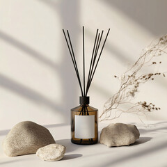 A bottle of reed diffuser is elegantly sitting on a table beside some rocks. Diffuser white blank label mockup