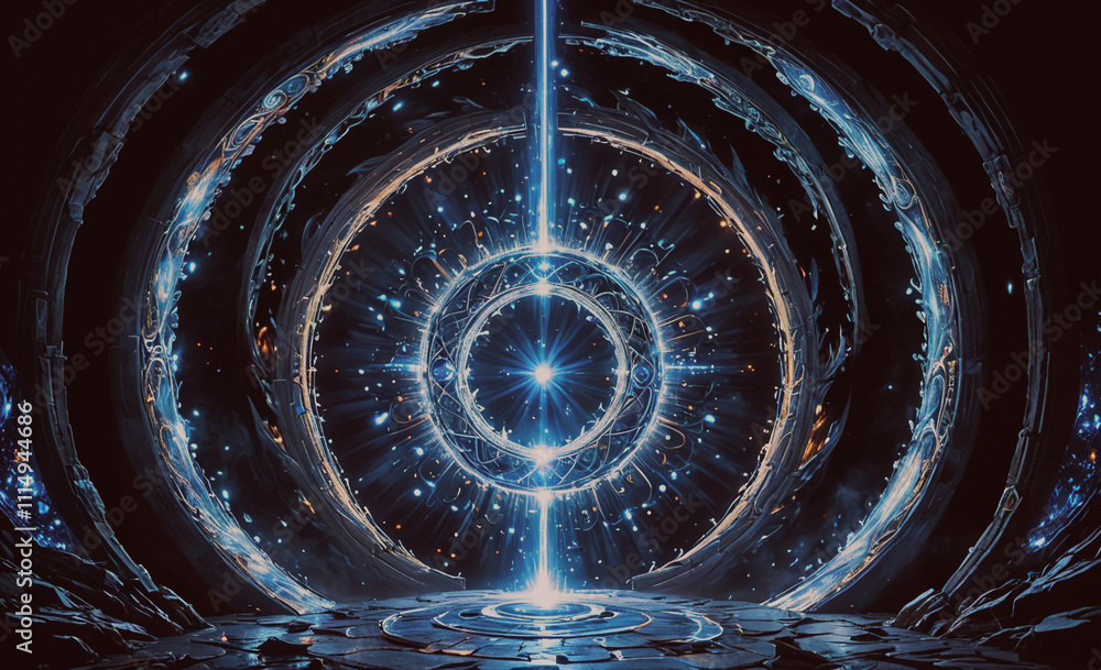 Poster large, blue circle with a white star in the center. the circle is surrounded by a blue circle, creat