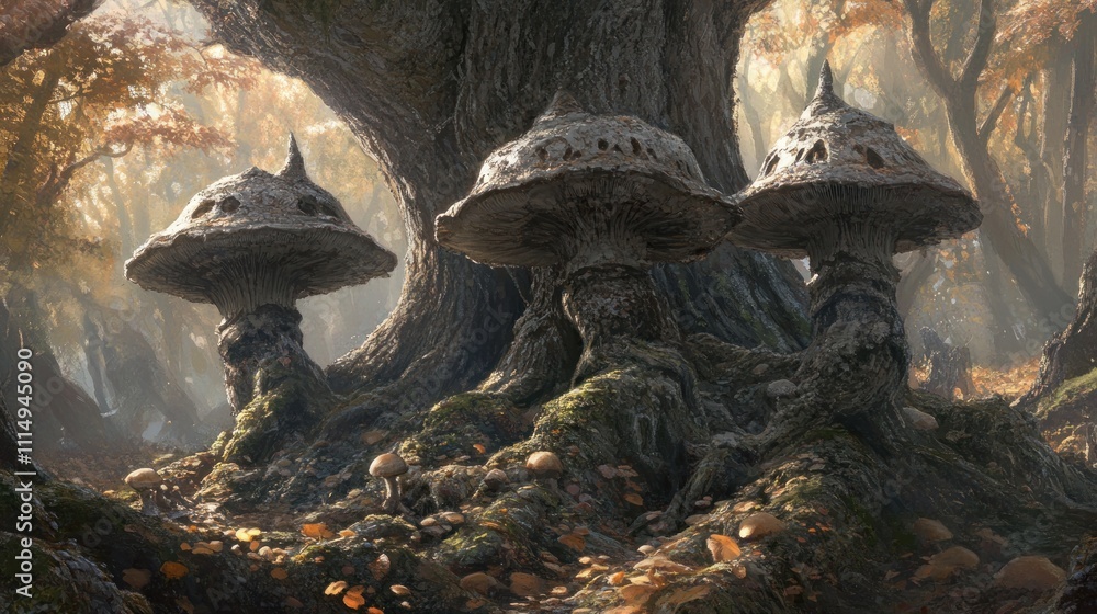 Poster enchanted forest with mushroom-like structures