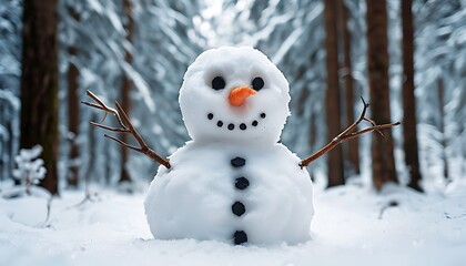 a snowman with a carrot nose and coal buttons in a snowy forest
