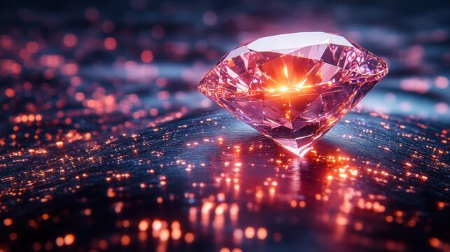 Glowing Diamond Represents Digital Wealth and Ownership in Crypto and NFT Market with Futuristic Binary Code Theme