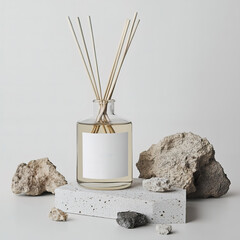 A reed diffuser bottle with a white label is among rocks. Diffuser white blank label mockup