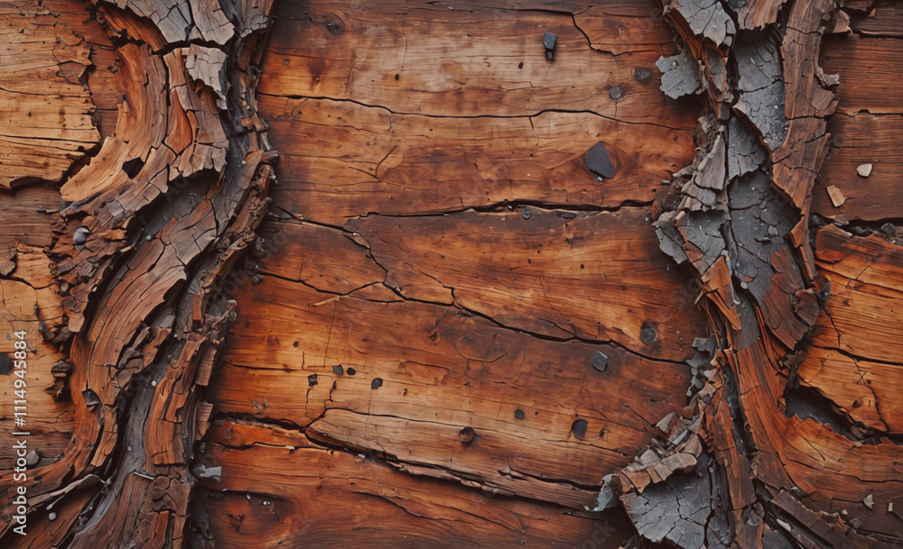 Aufkleber wooden surface with a crack in it. there are many small holes in the wood